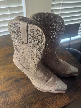 Very G Rhinestone Taupe Suede Western Ankle Boots
